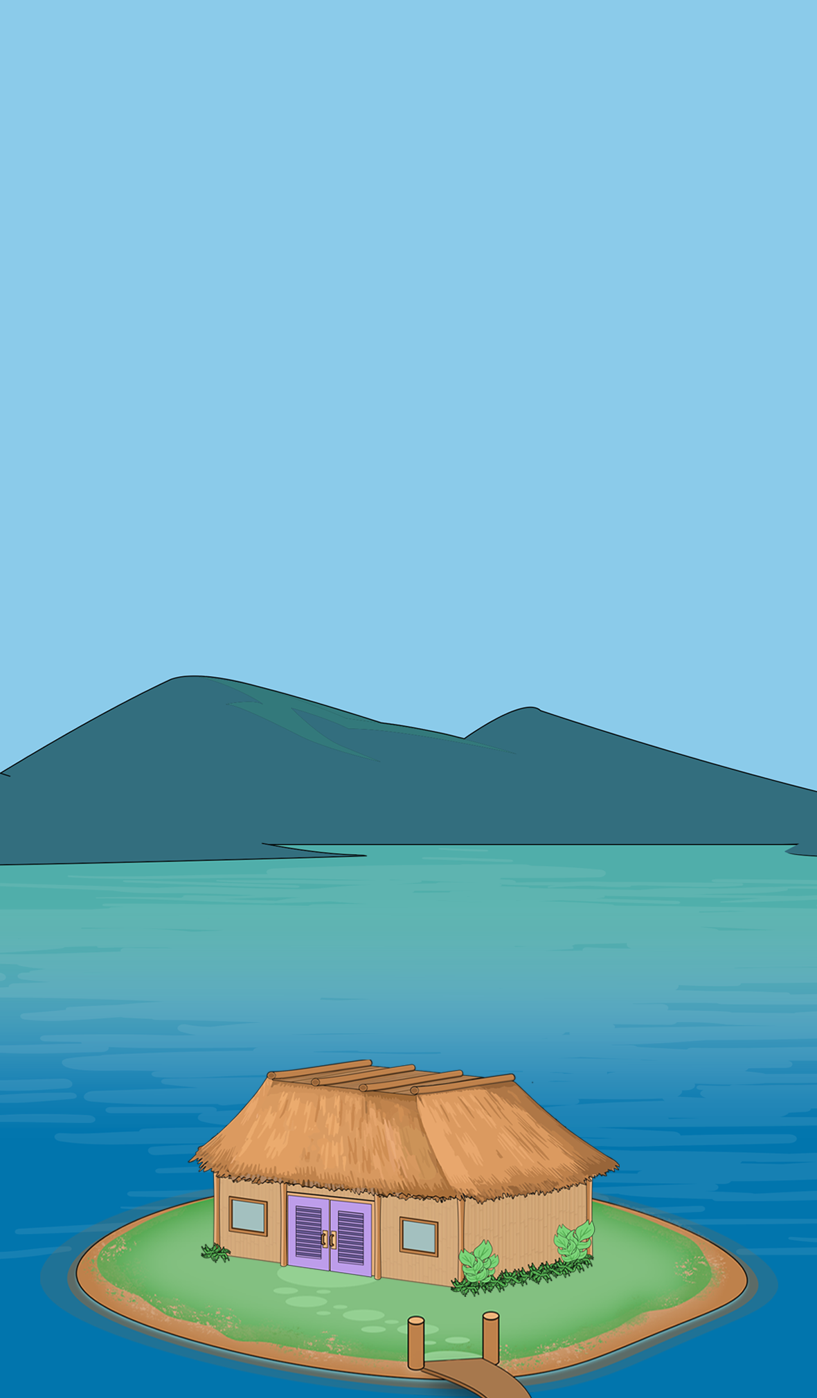 Small cartoonish tropical island background, on the ocean, hut in the foreground