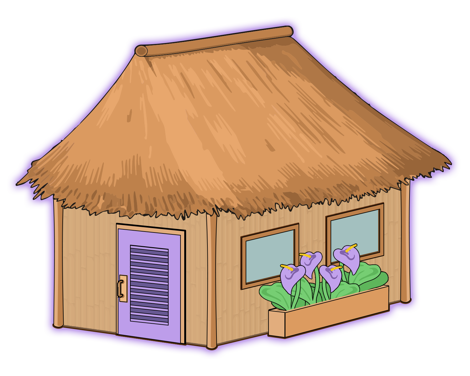 A tropical hut with a grass roof