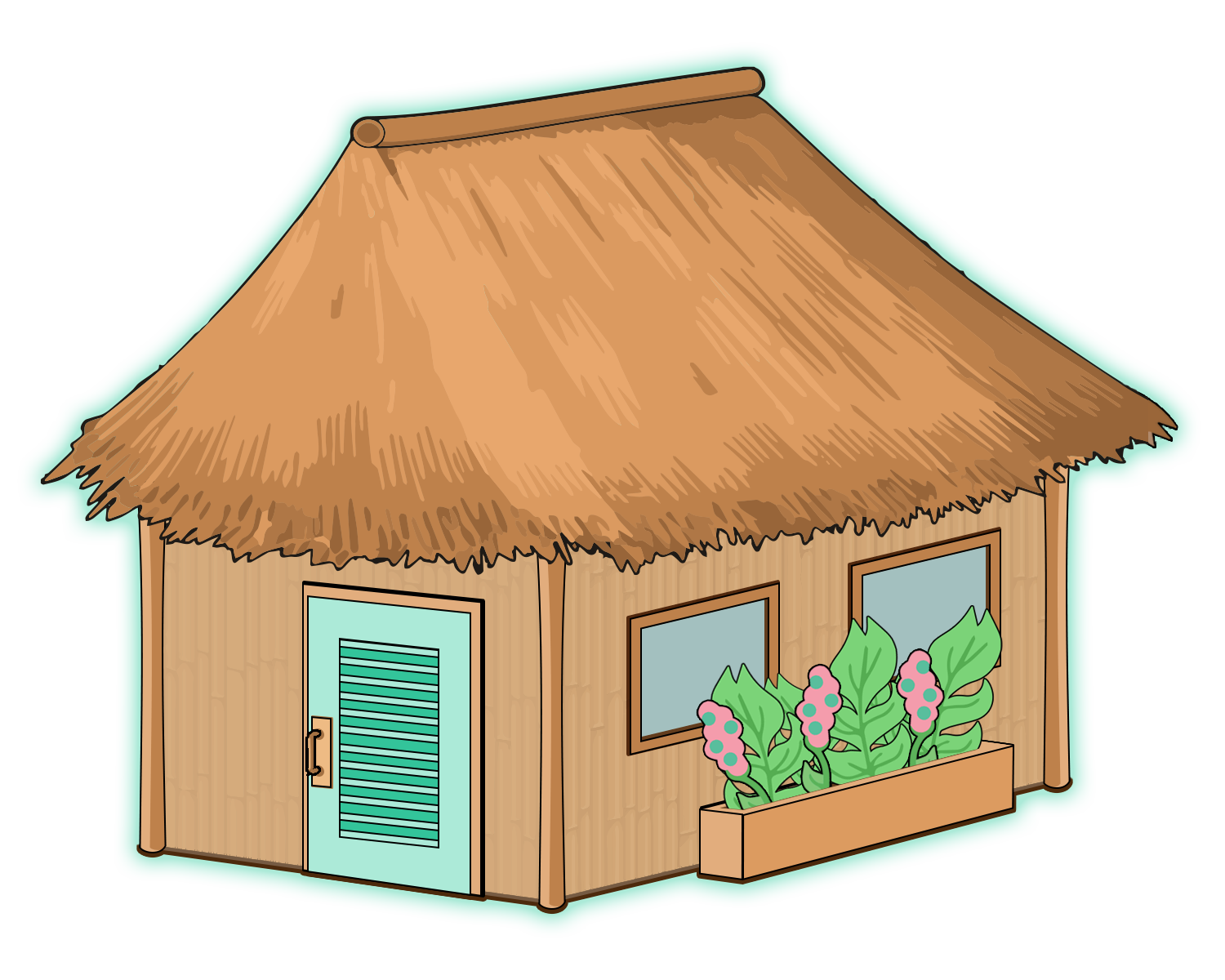 A tropical hut with a grass roof