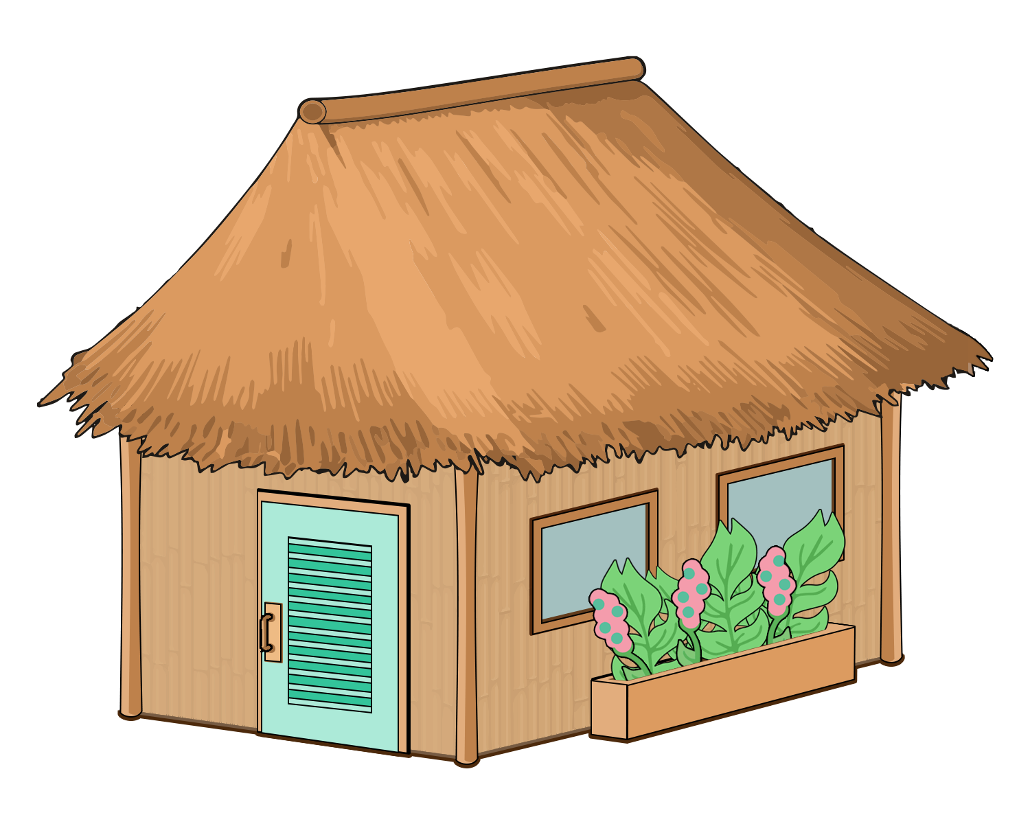 A tropical hut with a grass roof