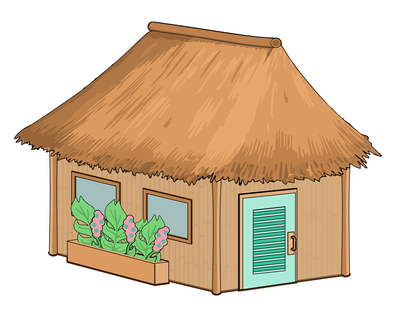 A tropical hut with a grass roof